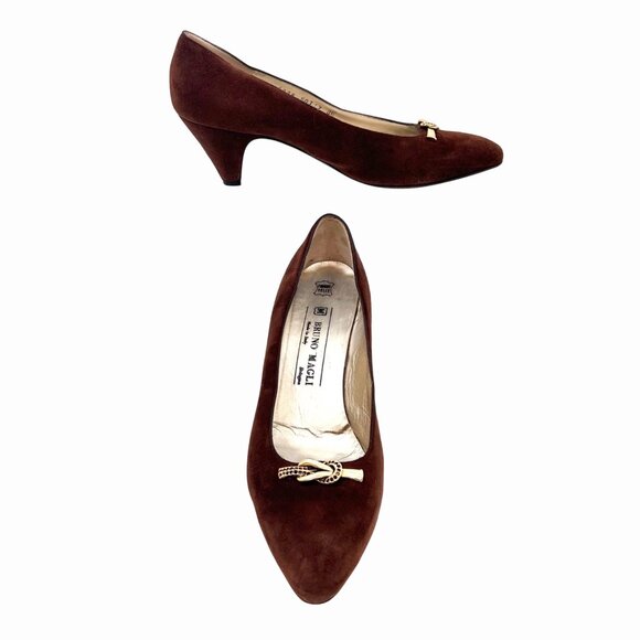 Bruno Magli Shoes - VINTAGE BRUNO MAGLI 80'S BROWN SUEDE PUMPS w GOLD METAL DETAIL ITALIAN 8 (7)